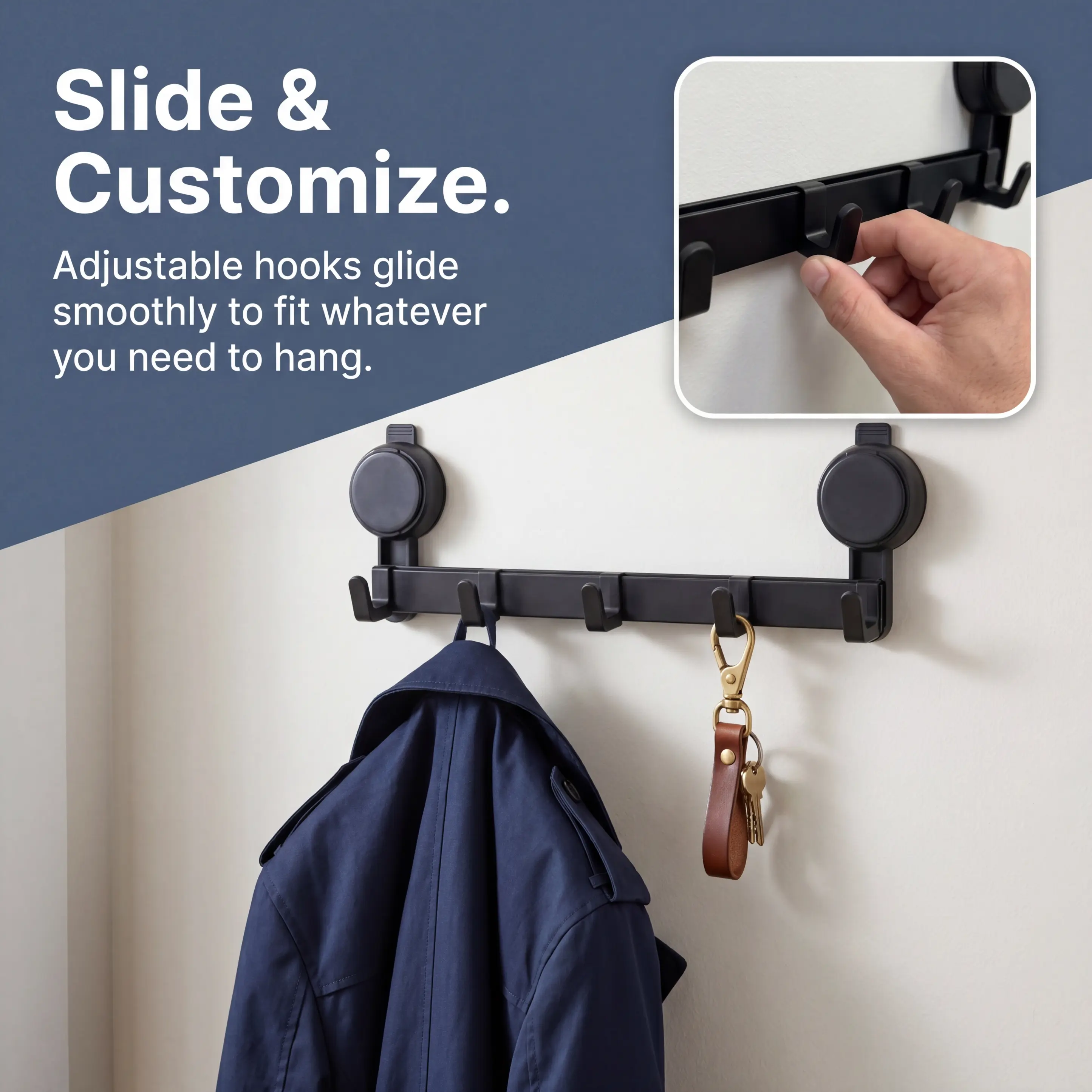 Matte Black 5-Hook Aluminum Adjustable Removable Wall Mounted Storage Hook - Damage-Free No-Drill Towel Holder Bathroom Organizer, Heavy-Duty, Waterproof, Rustproof, Modern Stylish for Home Entryway, Adjustable Hooks