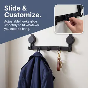 Matte Black 5-Hook Aluminum Adjustable Removable Wall Mounted Storage Hook - Damage-Free No-Drill Towel Holder Bathroom Organizer, Heavy-Duty, Waterproof, Rustproof, Modern Stylish for Home Entryway, Adjustable Hooks