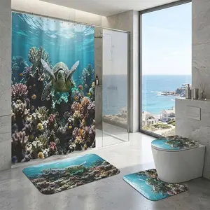 【Ocean Theme】Shower Curtain Set – Realistic Sea Turtle Swimming in Sunlit Coral Reef Pattern Print Bathroom Decor – 4 Piece Bath Set with Mat – Waterproof, Non-Slip Bathroom Rug Set – Summer Vacation, Beach House