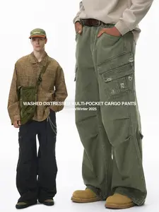 INFLATION baggy pants Fashion 100% Cotton Washed Distressed Multi-Pocket Cargo Trousers Autumn New American Street Vintage Casual Pants Menswear Beige
