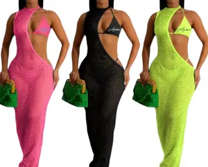 Mesh 3 piece hollow out dress beach set bikini included