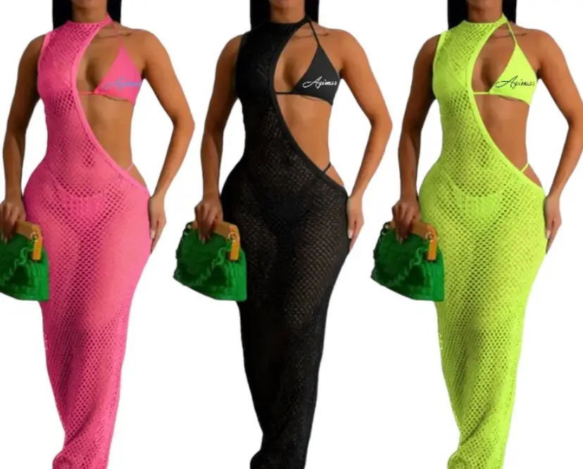 Mesh 3 piece hollow out dress beach set bikini included