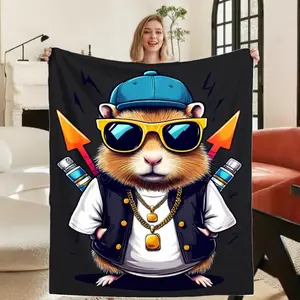 Cute Hamster with Glasses Lightning Bolts Flannel Blanket Fleece Lined Warm All Season Bedspread Retro Plaid Black Orange Soft Bedding for Sofa Car Dorm Room Stylish Design Blue Cap Fashion Glasses Durable Soundwave Embossed Fabric Versatile Throw Single