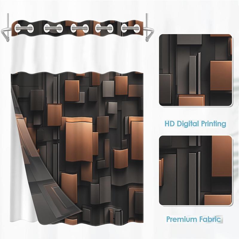 1pc hookless shower curtain with buckle lining, brown and black geometric square patchwork design, 2D flat printing, fabric waterproof lining, see-through double-layer shower curtain, 71 x 74 inches, modern home draping curtain.