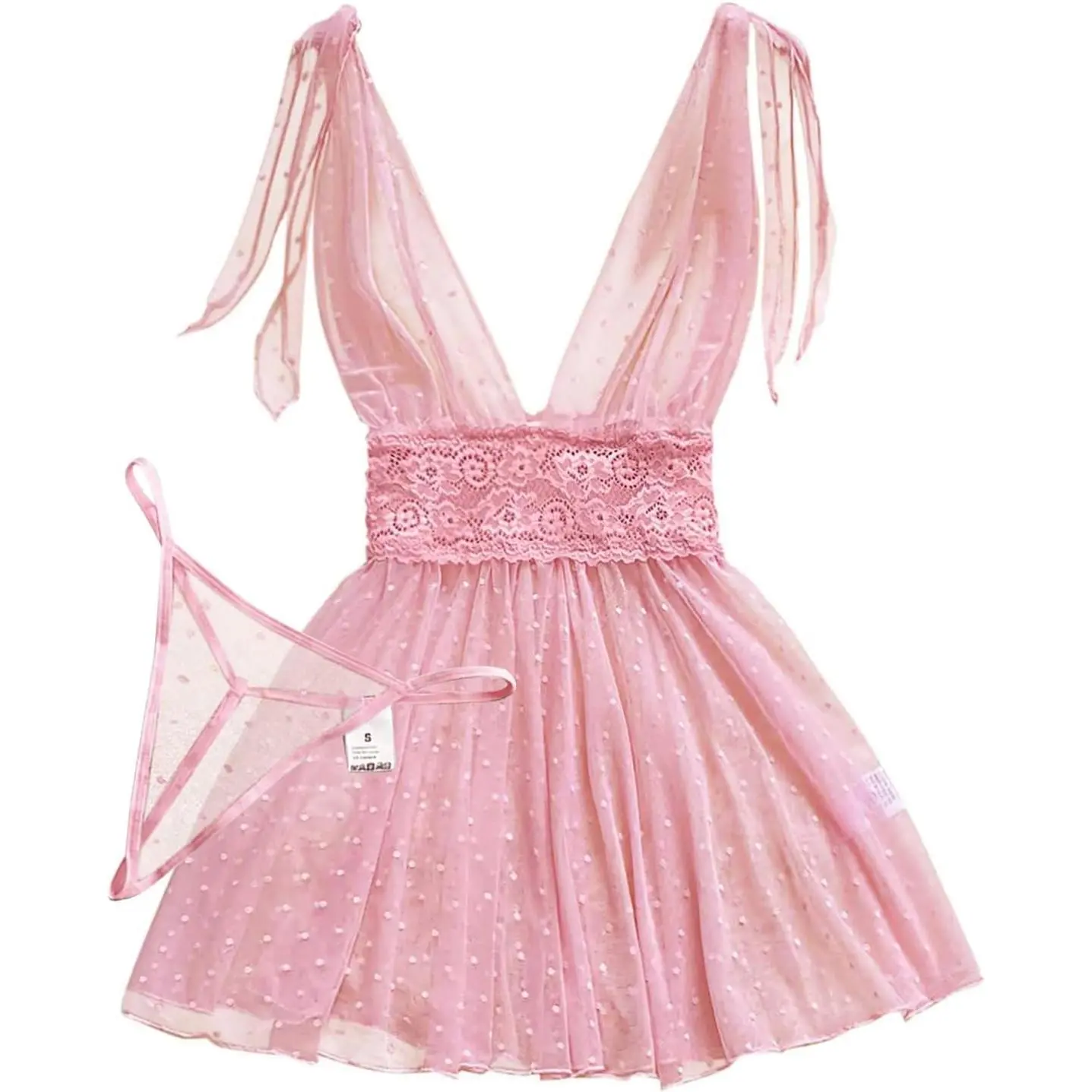 Sexy Polka Dots Mesh Sheer Lace Babydoll Chemise Lingerie Set Floral Lace Sleep Wear Loungewear Nightwear