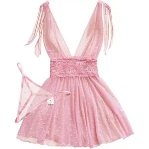 Sexy Polka Dots Mesh Sheer Lace Babydoll Chemise Lingerie Set Floral Lace Sleep Wear Loungewear Nightwear