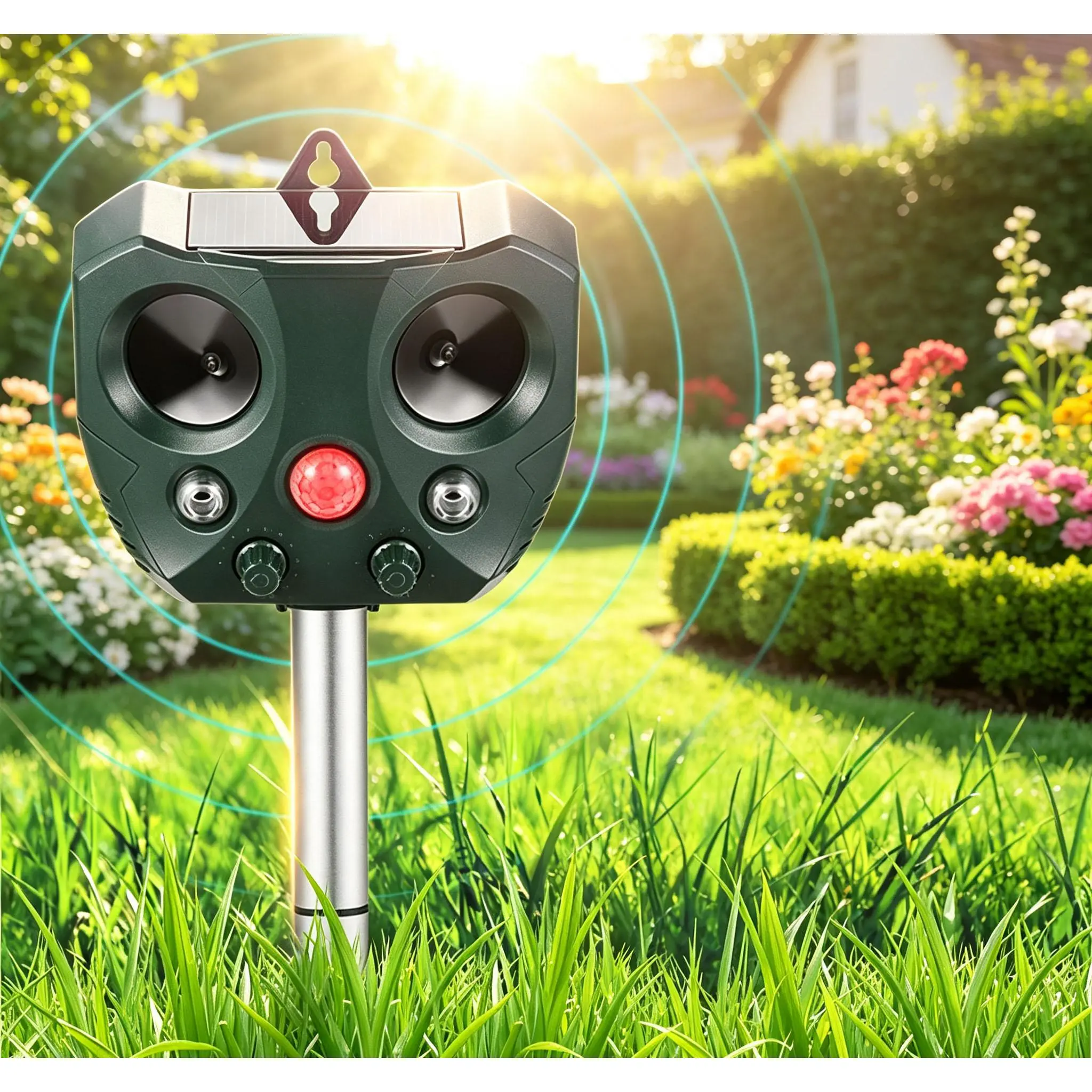 Eco-Friendly Solar Pest Repeller, Ultrasonic Wave & Flash Light Animal Deterrent, IP Waterproof Design, Automatic Work Day & Night for Yard, Garden, Farm Pest Control