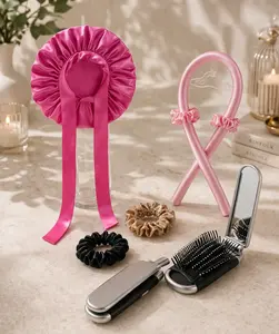 Scrunchies, Heatless Curl Set & Satin Bonnet Hair Kit with Brush  (Frizz-Free Overnight Hair)