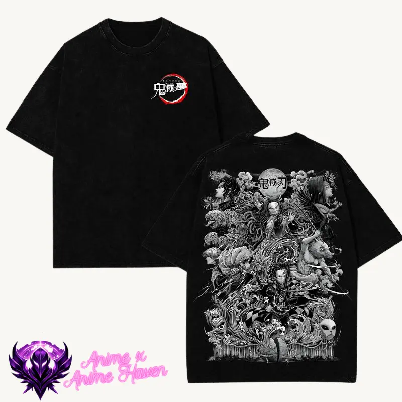 Demon Slayer Kimetsu no Yaiba Villains Graphic Oversized Washed T-Shirt – Vintage Anime Tee Featuring Muzan Kibutsuji & Upper Moons | Unisex Grunge Streetwear Cotton Shirt for Otaku & Manga Fans