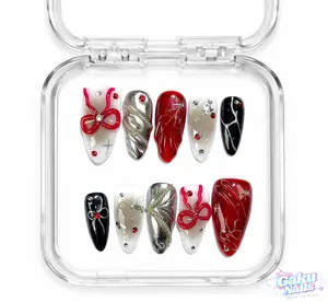 GakuNails SCARLET OATH 10 PCS Medium Almond Handmade Press On 3D Bowtie Charm Builder Gel selectable size Reusable Nails