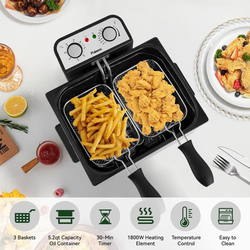 SUSTEAS Electric Deep Fryer with 3 Baskets 4 Liter Oil Capacity Cool Touch Sides Dishwasher Safe Adjustable Temperature Control with Viewing Window for Home Use - Lid Design