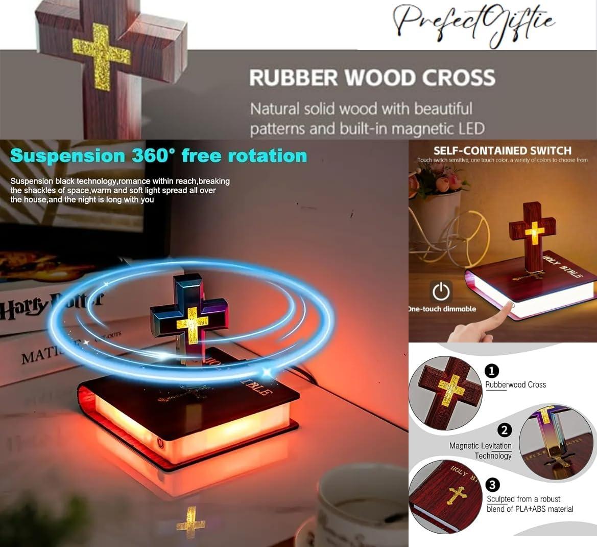 Levitating Cross Lamp, Floating Cross Night Light with Jesus & Bible Design, Magnetic Levitation Cross Lamp | Christian & Catholic Gift, Spiritual Home Decor, Easter Gift, Glowing Cross Ornament