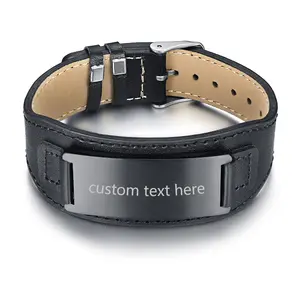 OIDEA Wide Leather Cuff Bracelet for Men, Stainless Steel Engravable Curved Bar Wristband, Personalized Boho Jewelry