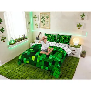 Pixelated Blocks Miners Girls Bedding Set,Video Games Game Gamepad Duvet Cover Set,Geometric Grid Patchwork Quilt Cover(No Comforter),Green Room Decor