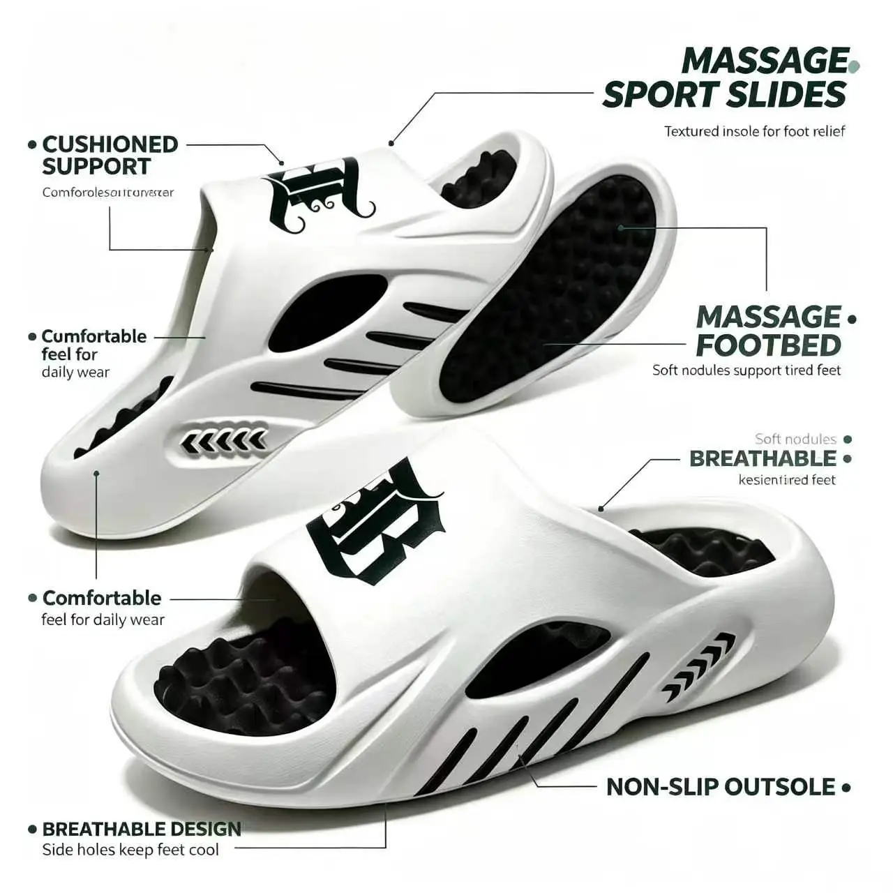 Men’s Thick Platform Massage Slip-On Slippers - Athletic Footwear with Round Toe, Breathable EVA, Non-Slip Shock-Absorbing Cushion Sole, Waterproof Quick-Dry, Ankle Support, Modest Chic Preppy Unisex Design for Indoor Shower, Outdoor Beach