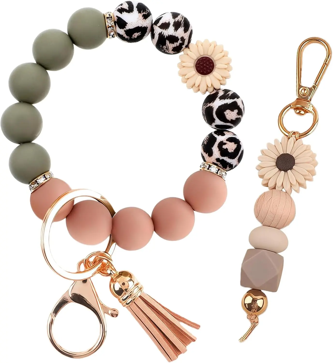 Women's 2PCS Minimalist Silicone Beaded Adjustable Detachable Bracelet Key Ring Set, Everyday Cute Car Wristlet Keychain Accessory
