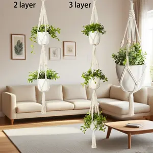 Creative plant hanging basket, green plant hanging mesh bag, Nordic style cotton rope wall hanging, Bohemian style hook, indoor and outdoor flower pot weaving hanging rope set of 1 piece, 2 layers/3 layers, Hanging Planters