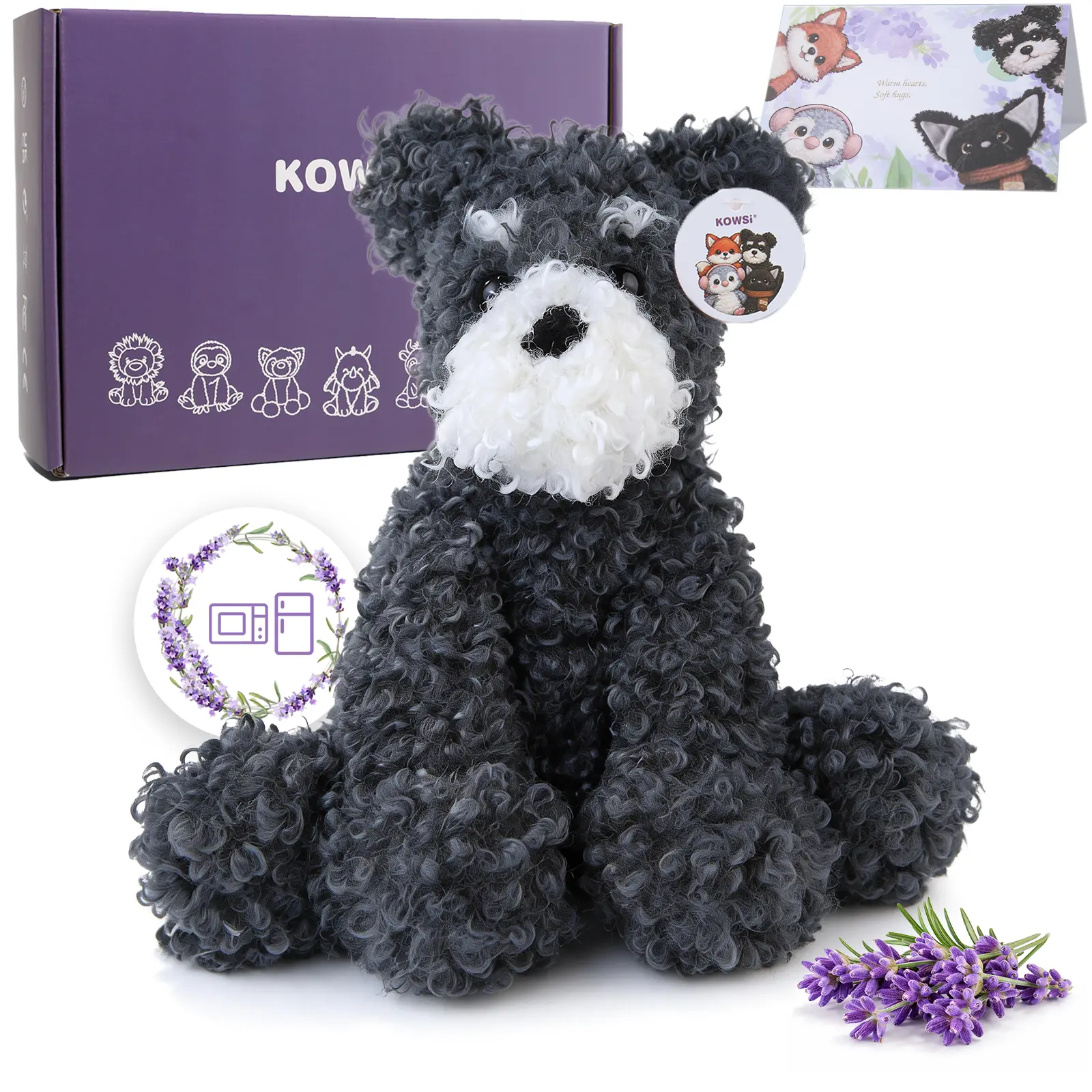 Microwavable Heating Pad Schnauzer Dog Plush - Weighted Stuffed Animal Toy Tourmaline Beads & Lavender - 1.1 lb for Long Lasting Cozy Warmth & Relaxation - Includes Gift Box & Greeting Card