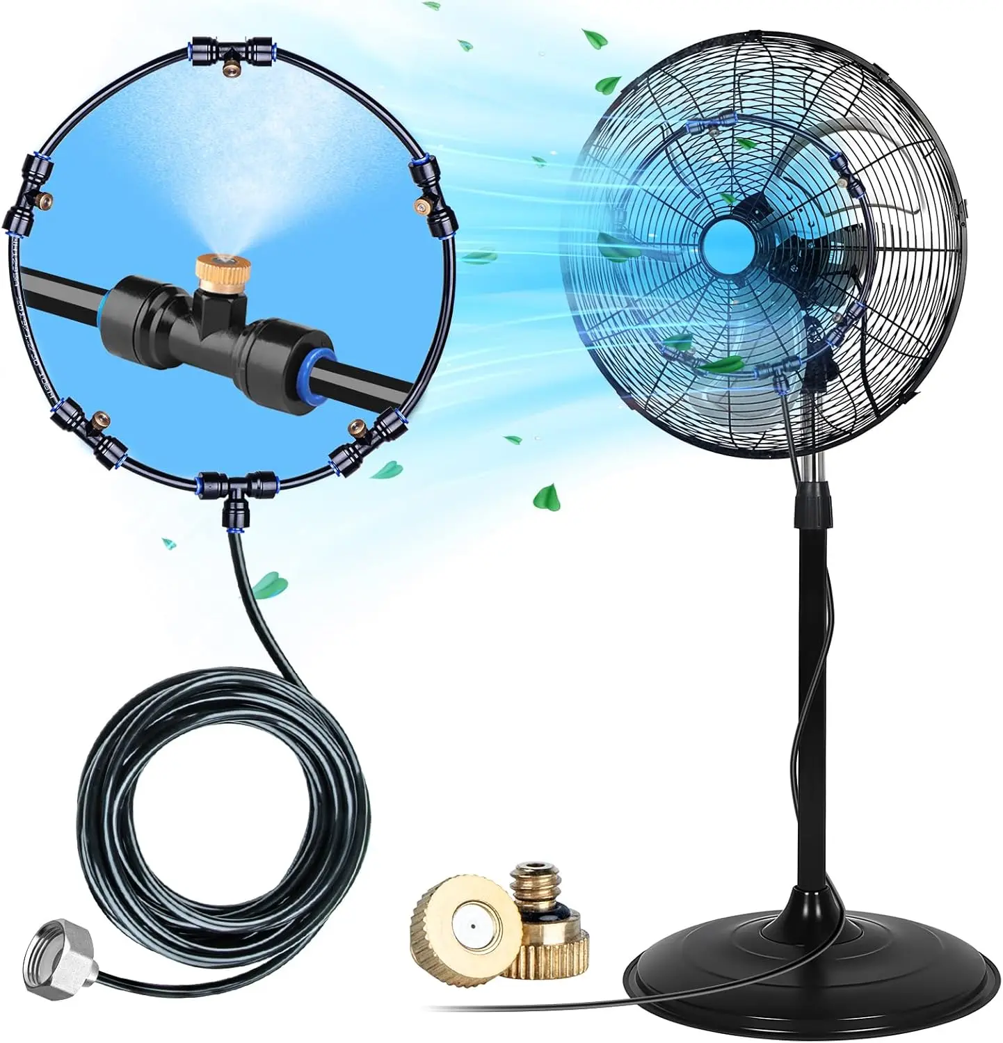 Misting Fan Kit for Outside Cooling, 16.4FT Misting Line, 5 Brass Nozzles, 3/4" Brass Adapter, Outdoor Mister System for Patio, Backyard & Poolside RelaxationGift.