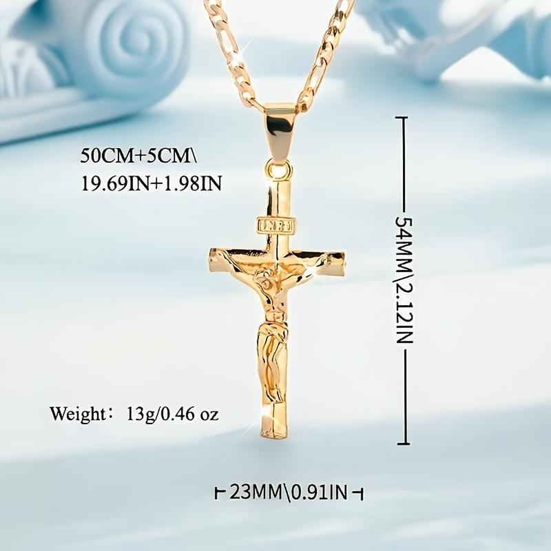 Men's Vintage 14K Gold-plated Jesus Cross Pendant Necklace With Smooth Chain Religious Jewelry For All Year Round Easter Graduation Gift
