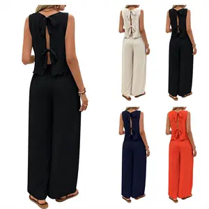 Pants Sets for Women 2 Piece Outfits Sleeveless Round Neck Elastic Waist Wide Leg Going Out Casual Sets