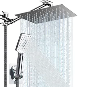 Rain shower head with handheld spray,10''High Pressure Rainfall Shower Head / 3 Setting Handheld Shower head Combo with 11'' Extension Arm and 78" Extra Long Hose/Square Rain shower head