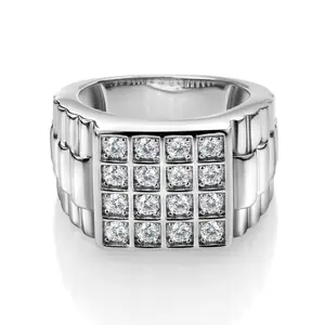 Gem Stone King White Round Moissanite Ring For Men | 925 Sterling Silver | Watch Cuban Rolex Style Square Cut Band Ring | 1.04 Cttw | Sizes 7, 8, 9, 10, 11, 12, 13