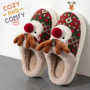 Cute Christmas Elk Plush Slippers Winter Ins Fashion Non-slip Floor Bedroom Home Slippers For Women Fuzzy House Shoes Girl Footwear Walking Shoes Flipflop