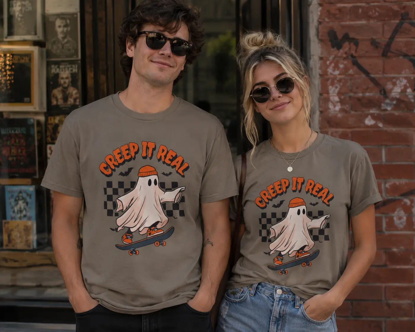 Men's 'Creep It Real' Ghost Graphic T-Shirt, Casual Streetwear Short-Sleeve 100% Cotton Knit with Seamless Drape Design, Tshirt, Prints, Shortsleeve, Graphics, Menswear, Round Neck, Fabric