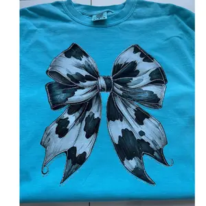Cowhide Coquette Bow Rhinestone with Print Comfort color T-shirt, Women's Long Sleeve T-shirt Bling  Printed Tops