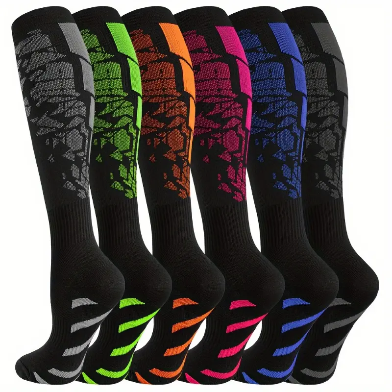 [Breathable Compression Socks] 1/6 Pairs Compression Knee-High Sports Socks - Breathable, Sweat-Absorbing, Comfortable - Arch Support, Ideal for Basketball, Football, Running & Outdoor Activities, Machine Washable, Striped Pattern