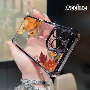 Electroplated Four Corner Anti-Fall Autumn Floral Pumpkins Pattern Phone Case for iPhone 16 Pro Max 15 Plus 14 13 12 11 E Shockproof Transparent Protective Cover