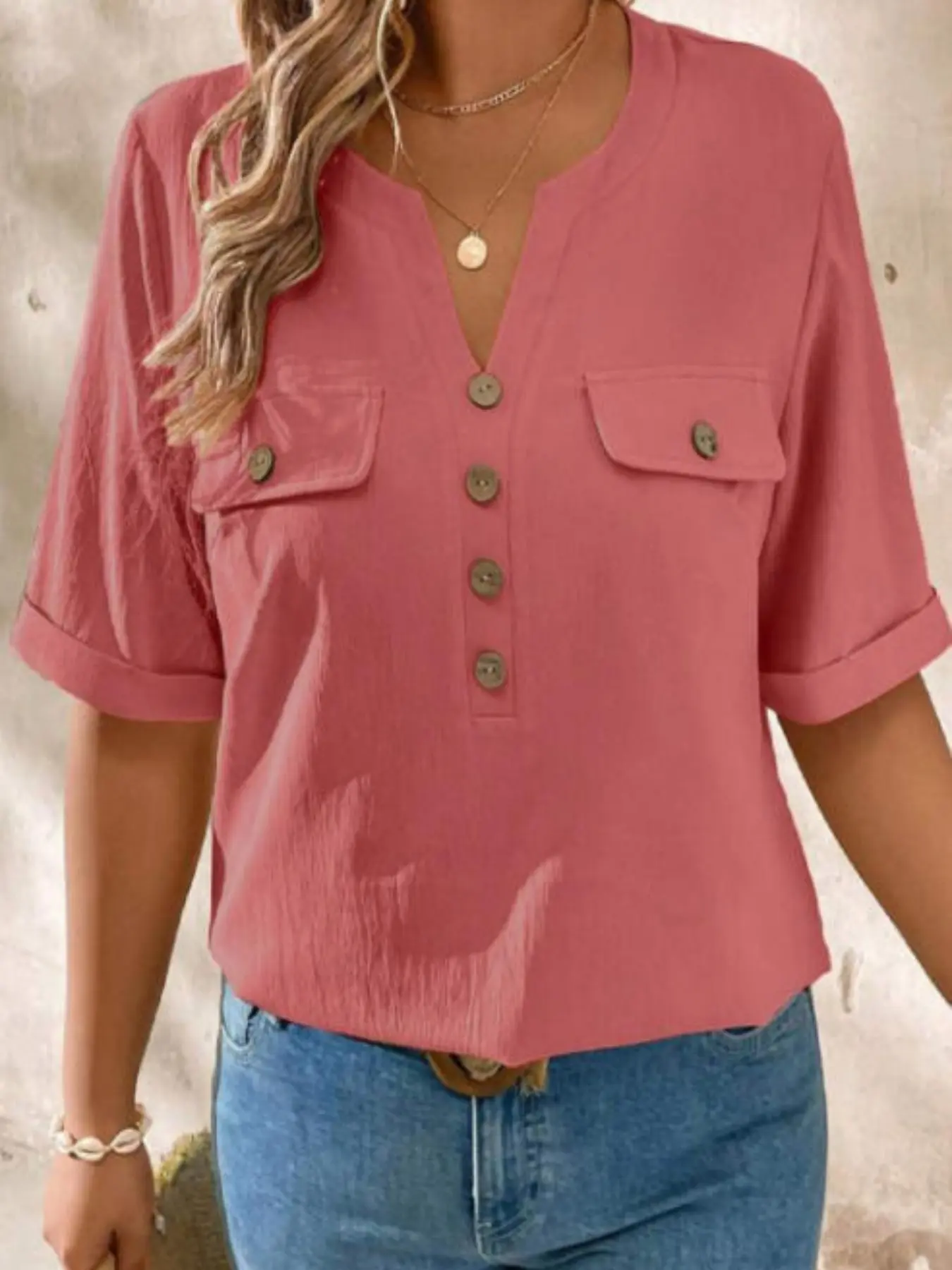 Women's Vintage Casual Cotton Blend Half-Open Button Front Blouse, Fitted Design, Solid Color, Ideal for Daily Wear & Commuting
