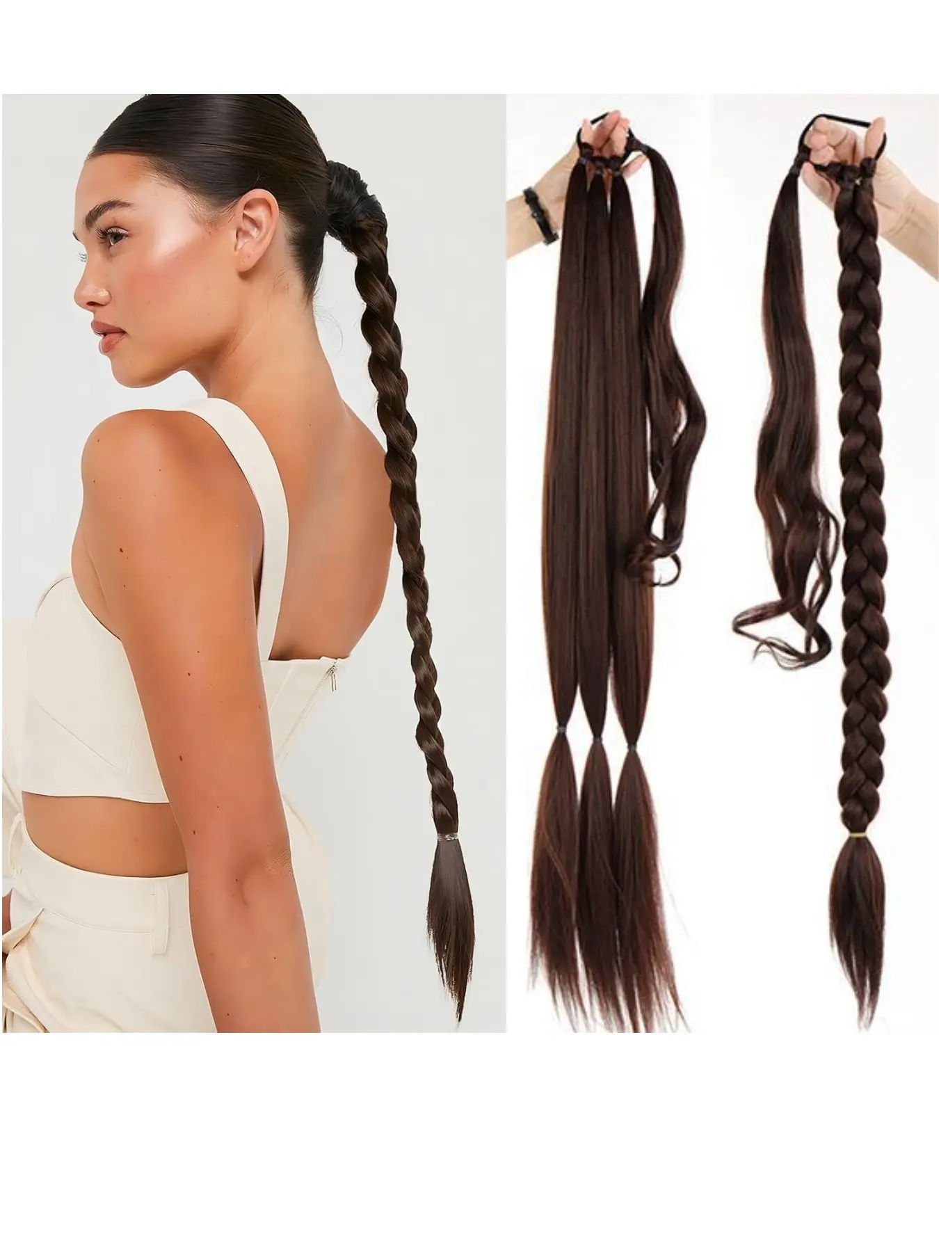 Long Straight Hair Extensions, Braided Ponytail, Synthetic Hair Braids, Twisted Hairpiece, Synthetic Hair Pieces, Boxing Tail Braid, Synthetic Fiber, Synthetic Hairpieces, Easy to Style