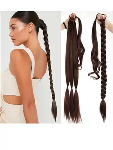 Long Straight Hair Extensions, Braided Ponytail, Twisted Hairpiece, Boxing Tail Braid, Synthetic Fiber, Easy to Style