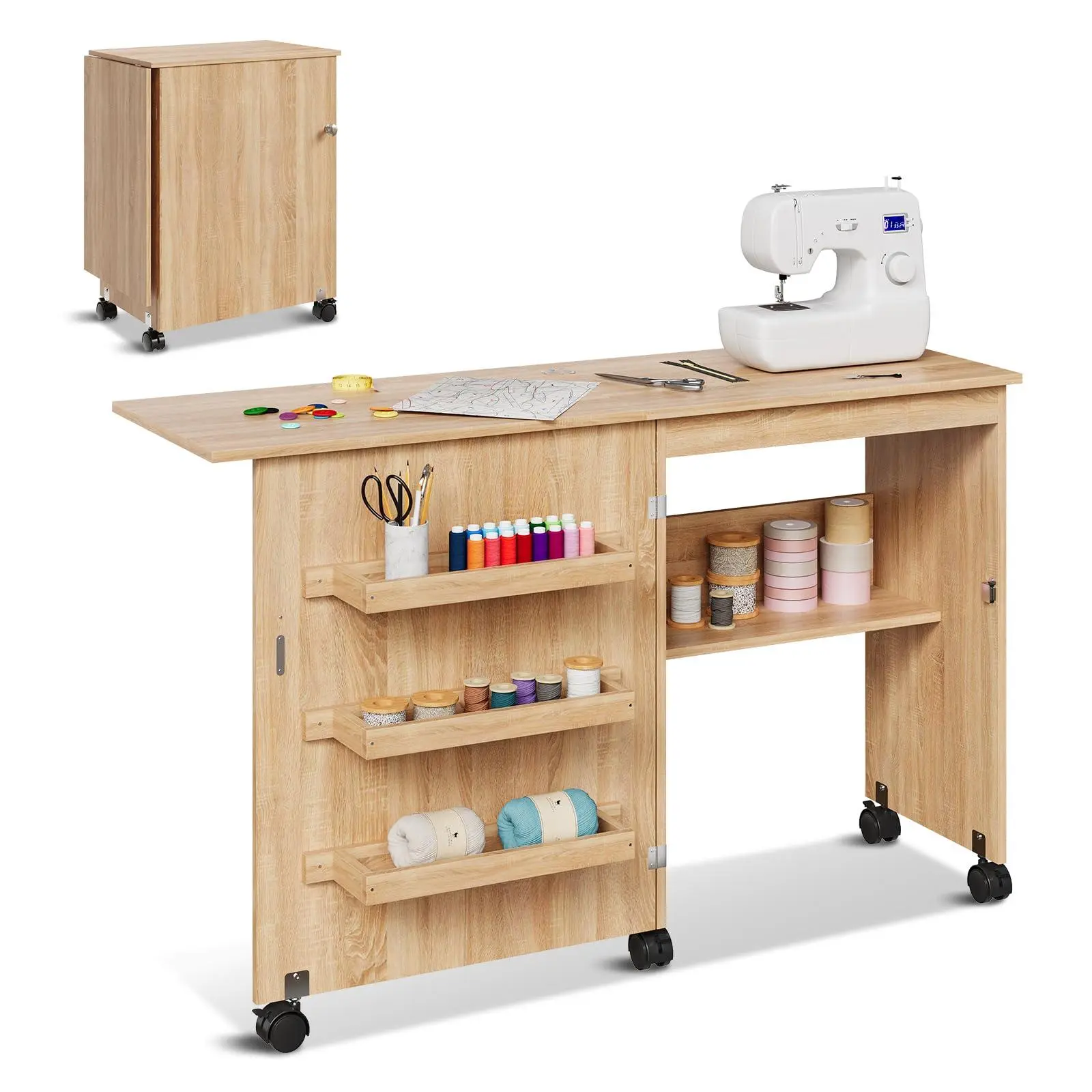GARVEE Folding Sewing Table, Multipurpose Sewing Machine Table with Compact Design, Craft Station & Side Desk with Lockable Wheels, Storage Shelves, Storage Trays, Pegs, Magnetic Locks