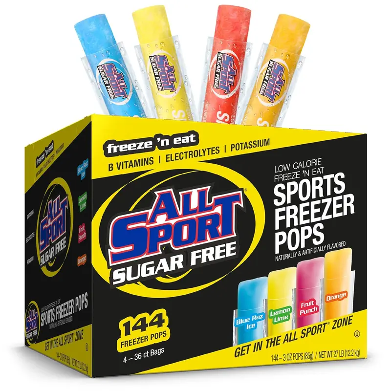 All Sport Sugar-Free - Freezer Pops, Giant Sized 3oz, 144 CT Refreshing Ice Pops with Electrolytes, B Vitamins & Potassium –Blue Raz Ice, Lemon Lime, Fruit Punch & Orange