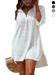 Women’s summer beach vacation swimsuit cover-up/outer layer, loose jacquard V-neck shirt-style beach dress