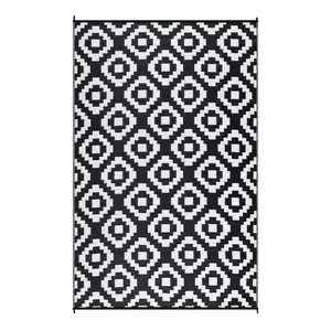 9x18 ft (Actual Size) Black and White Plastic Rectangular Modern Grid Outdoor Rug, Weather Resistant for Beach, Patio