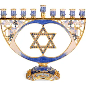 Menorah for Hanukkah fits all standard Chanukah candles; modern jeweled menorahs for Chanukah with a traditional blue star.