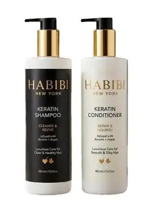HABIBI NEW YORK Keratin Hair Ritual Haircare Set - 400ml Adults' Cleanser & Nourishing Conditioner with Hydrolyzed Keratin, Argan Oil for Any Smooth, Manageable Hair