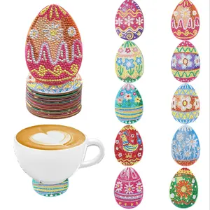 10-piece diamond painting set with five-color Easter egg theme pattern DIY diamond painting coasters, no cup holder, anti-slip wooden coasters, suitable for kitchen, office, coffee cup table decoration