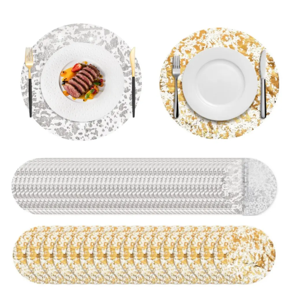 50/100Pcs Silver/Gold Disposable Placemats Set, Foil Mesh 13 Inch Round Pressed Table Mates for Dining Table Wedding Birthday Party Holiday Home Decoration
