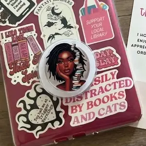 Spunky Black Girl Book Stack Phone Grip, Book Girl Pop Socket For Readers, Cute Phone Grip And Kindle Accessory