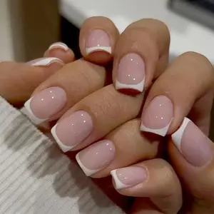 Short Press on Nails 24pcs Square Fake False Nails with White French Tip Designs Acrylic Artificial Nail Stick on Nail for Women Girls 24Pcs