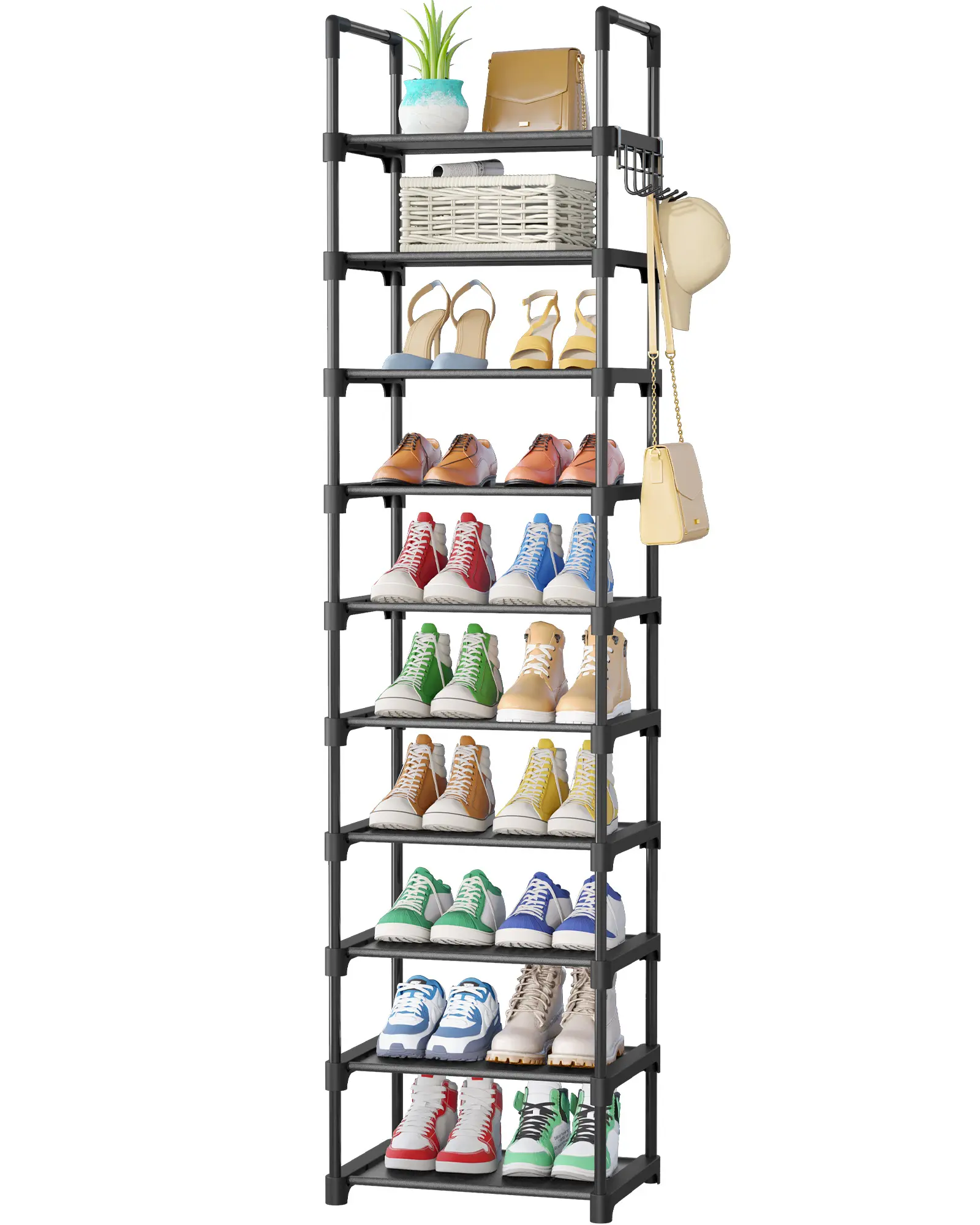 Kitsure 10-Tier Shoe Rack Black Metal Narrow Tall Shoe Shelf Space Saving Vertical Shoe Organizer with Side Hooks for Entryway Closet Bedroom