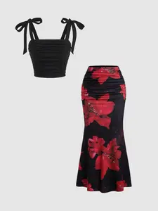 Women's Retro Sweet and Spicy Two-Piece Set, Bow Tie Crop Top Camisole and High Waist Lily Print Mermaid Skirt, Elegant and Slim Fit for Spring Dates and Parties