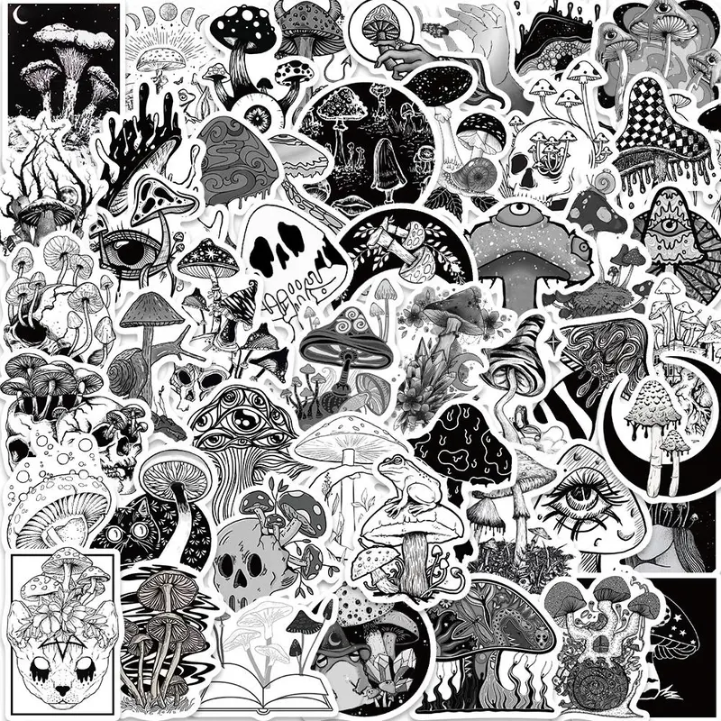 Gothic Mushroom Pattern Sticker, 50pcs/set Punk Style Mushroom Decorative Sticker, DIY Decals for Water Bottle, Laptop, Phone Case, Scrapbooking