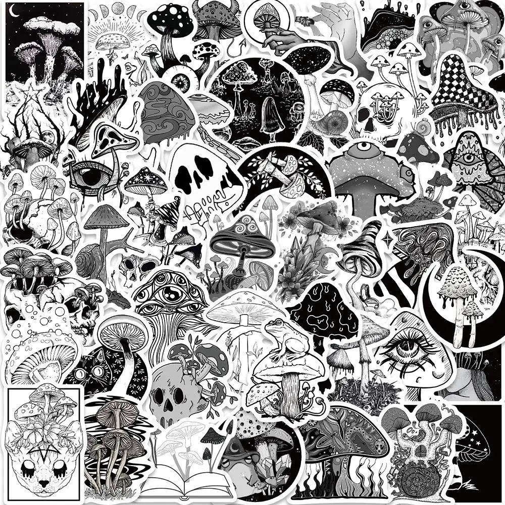 Gothic Mushroom Pattern Sticker, 50pcs/set Punk Style Mushroom Decorative Sticker, DIY Decals for Water Bottle, Laptop, Phone Case, Scrapbooking