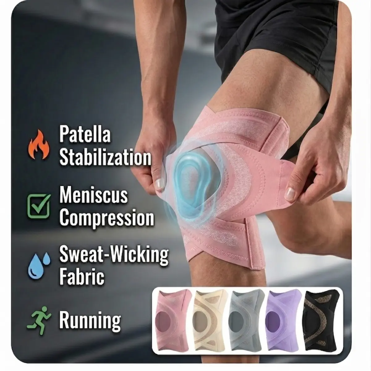 Thin sports knee pads with meniscus joint cross straps and pressure sleeves for running, knee support and patella stabilization